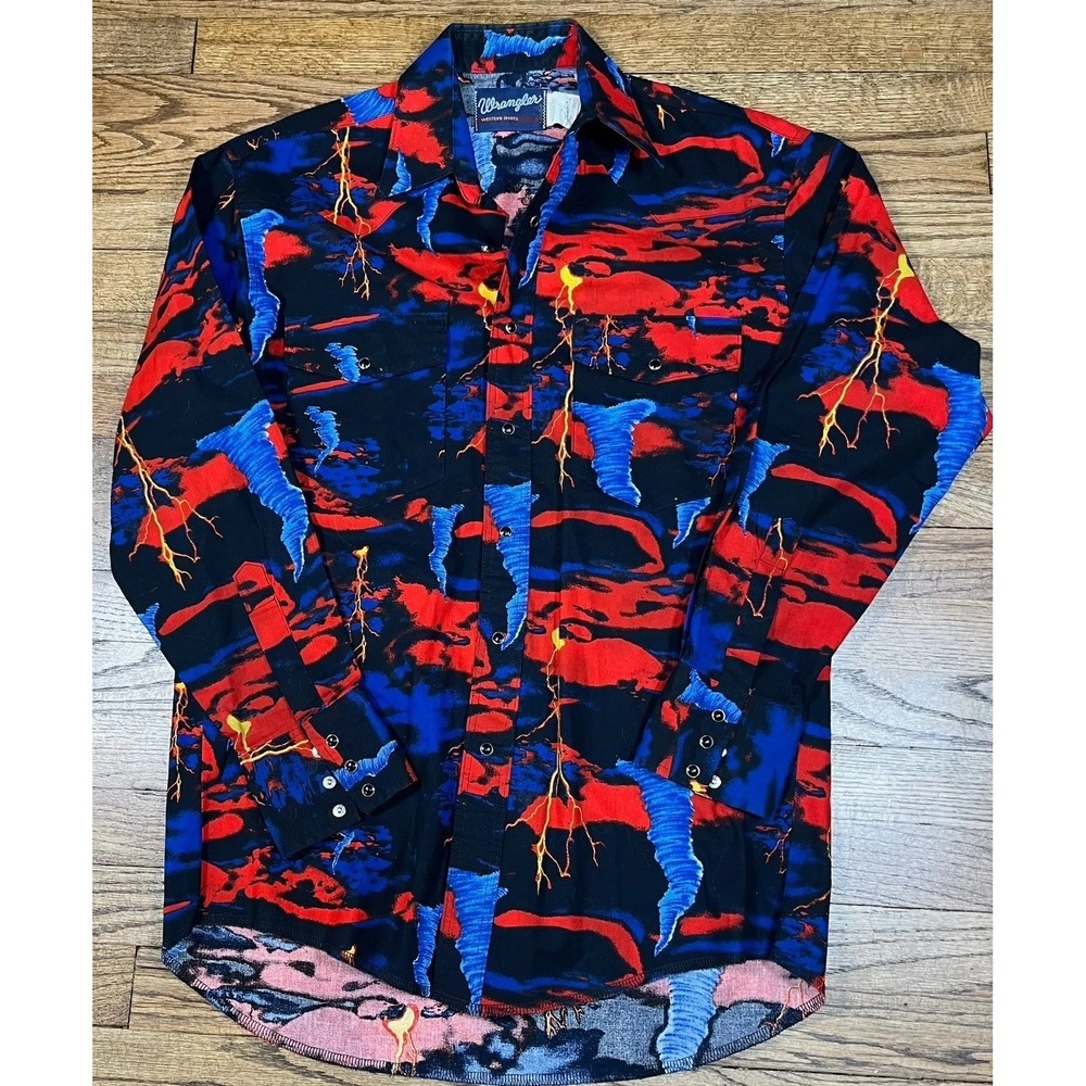Vintage 90's Wrangler Western Tornadoe & Lightning Pearl Snap Shirt Men's Medium